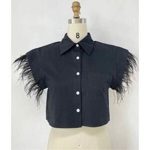 Black Crop Feather Sleeve Button-Up Shirt